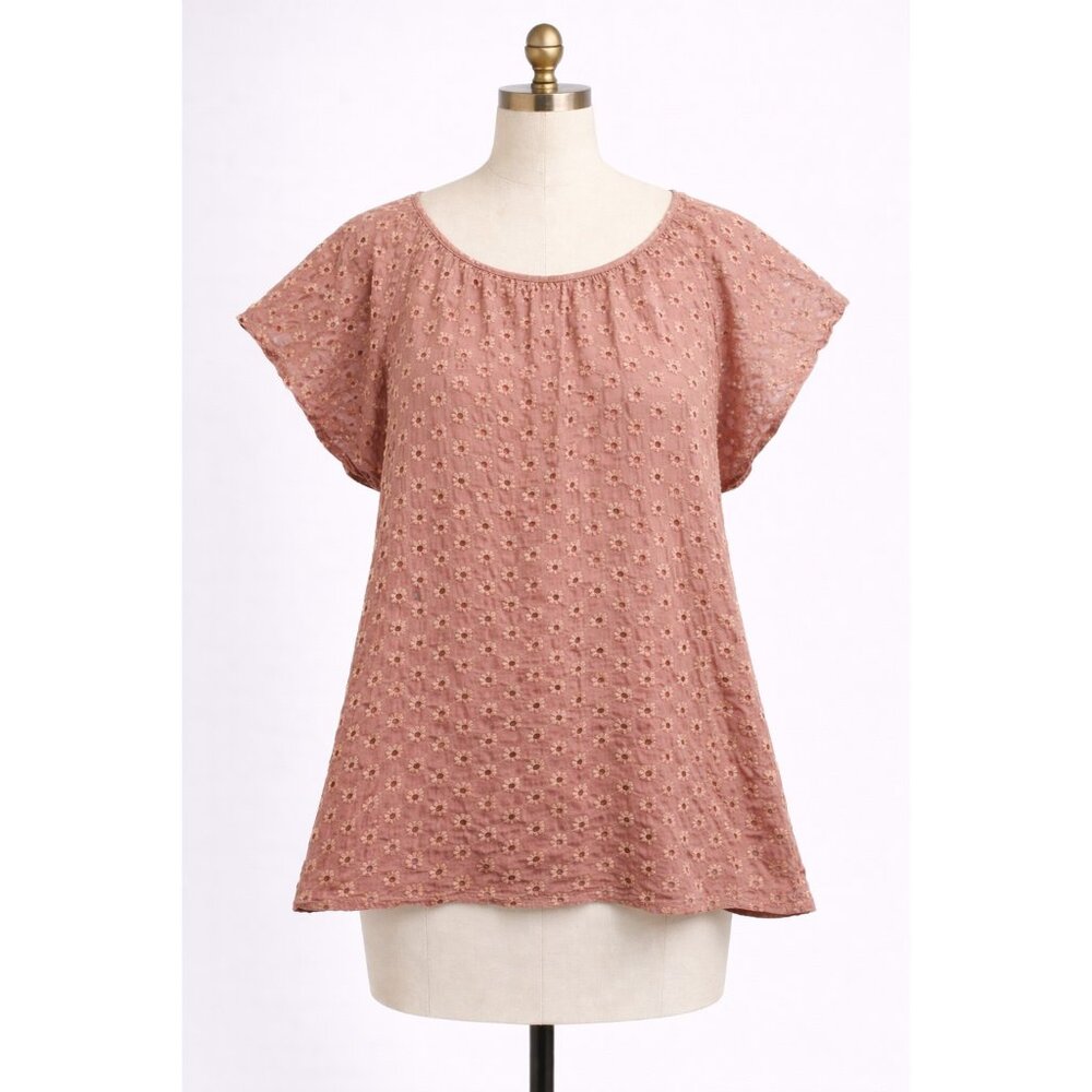 Renee C BOHO Cottagecore Top Womens Small Peach Eyelet Short Sleeve Casual